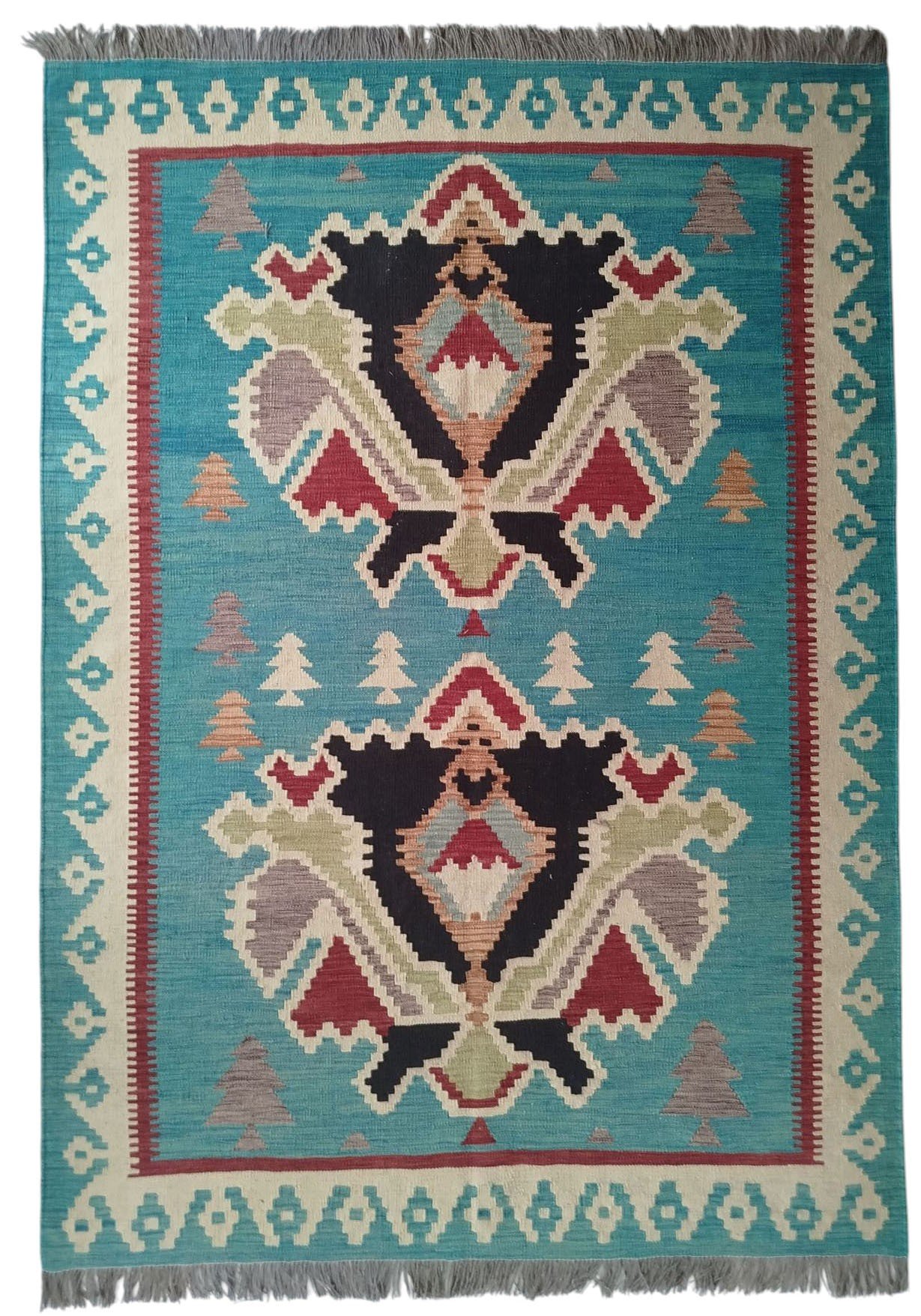 Code# SR0005M Size 5.98.1 ft Price295$ blue border Afghan wool rugs - Image 1