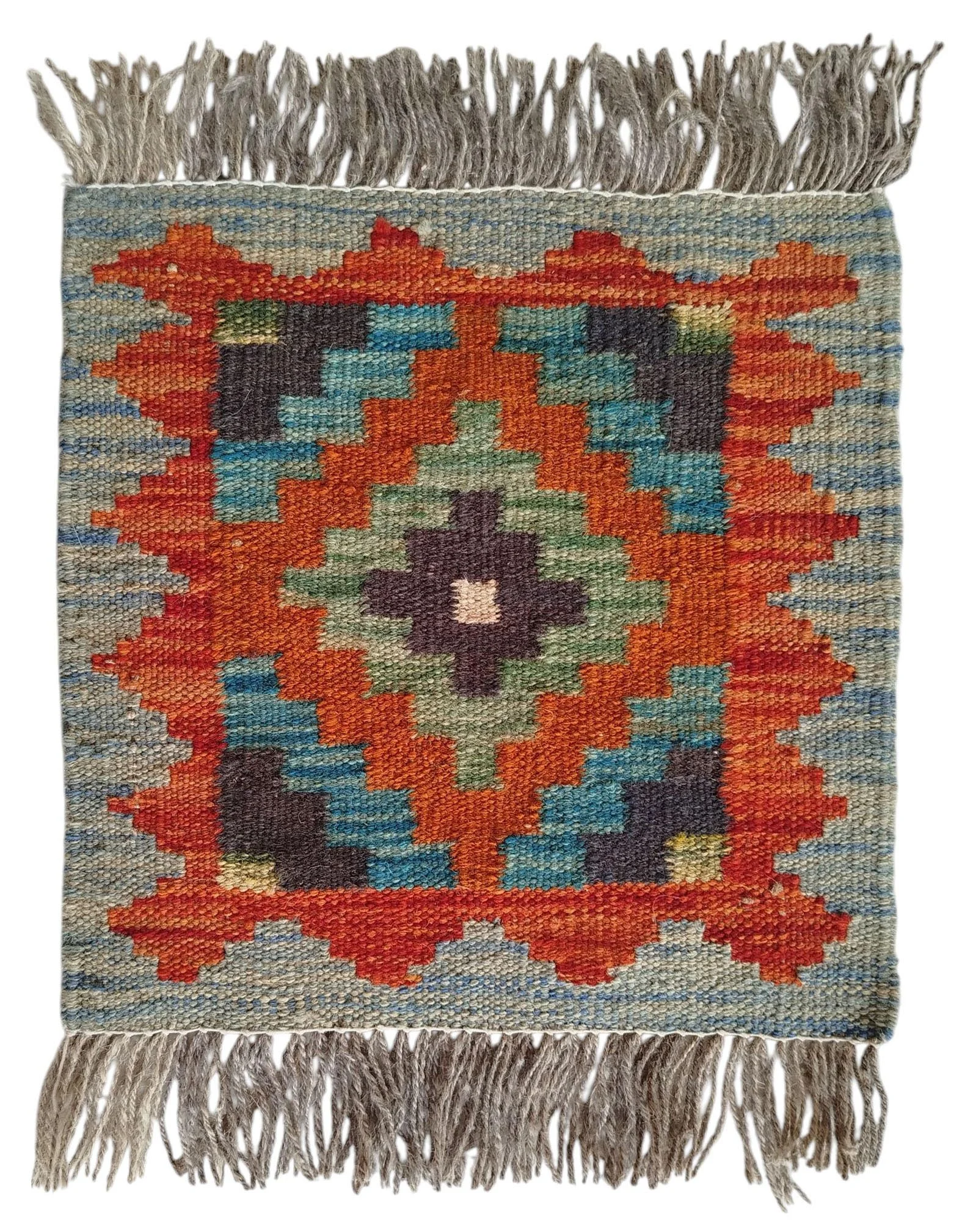 SR105 1x1Ft 18$ Orange, Green & Blue Geometric Handwoven Afghan Wool Rug – 1×1 Ft - Image 1
