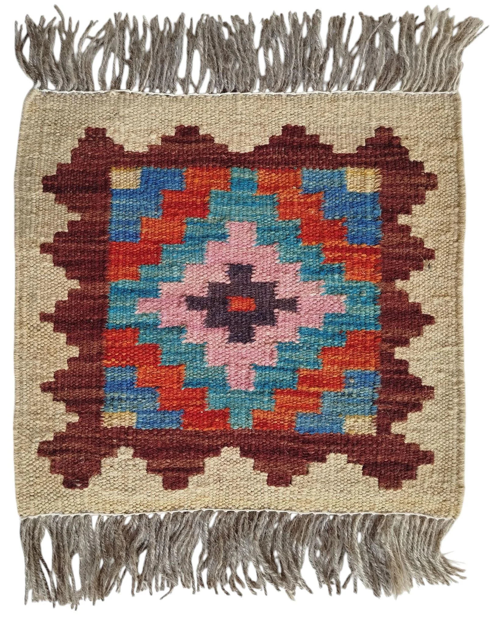 SR106 1x1Ft 18$ Cream, Red & Pink Geometric Handwoven Afghan Wool Rug – 1×1 Ft - Image 1
