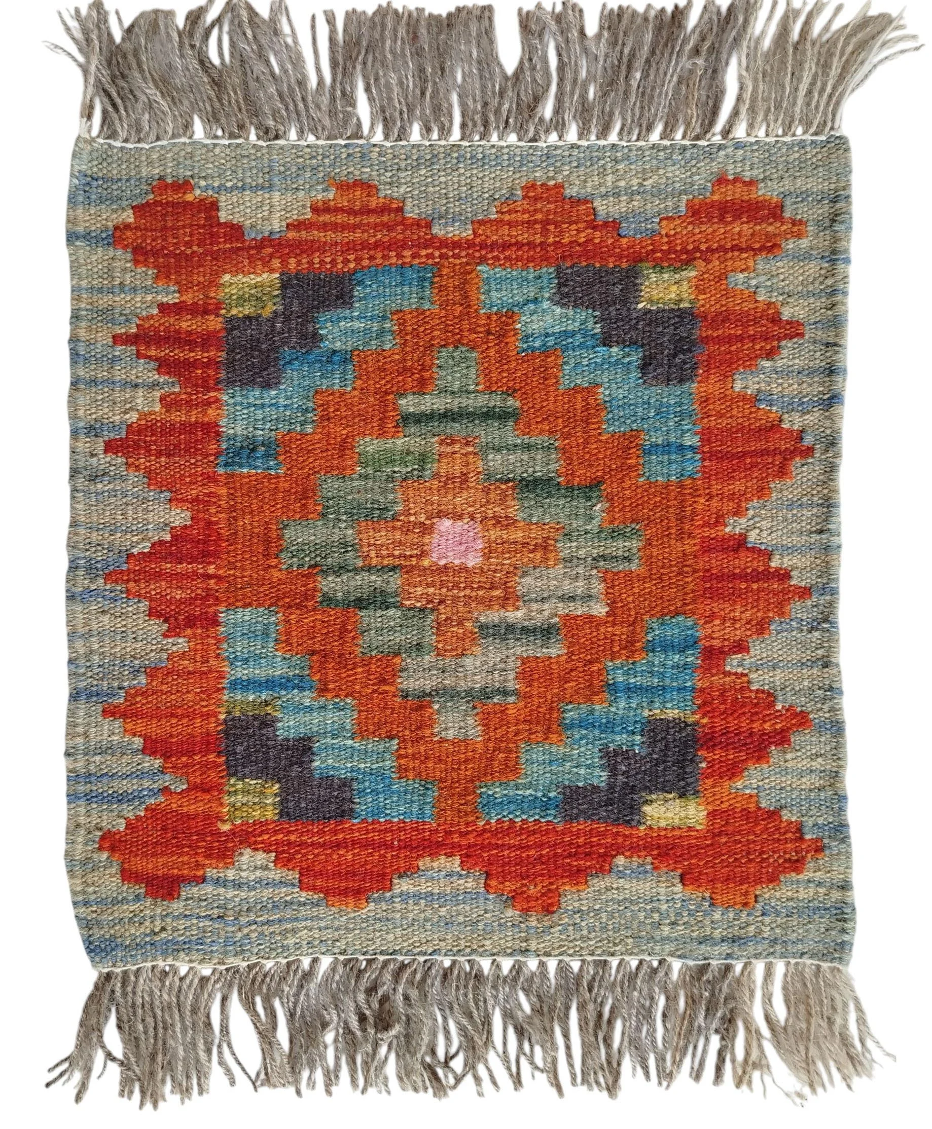 SR108 1x1Ft 18$ Orange & Teal Geometric Handwoven Afghan Wool Rug – 1×1 Ft - Image 1
