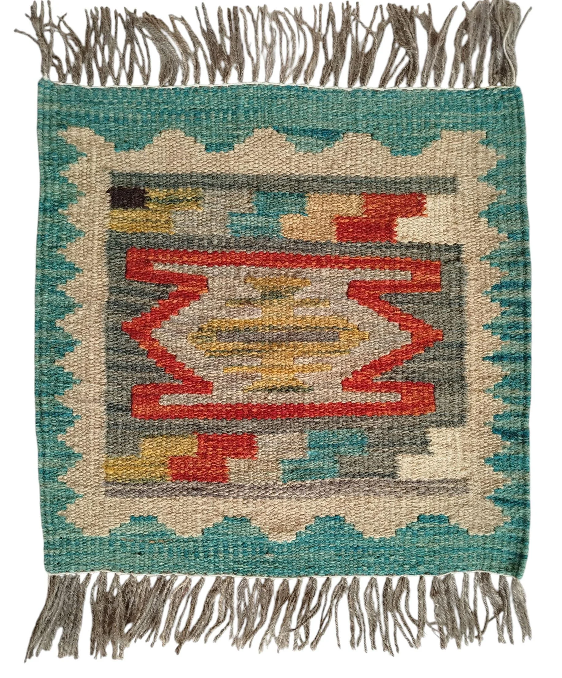 SR109 1x1Ft 18$ Cream & Teal Geometric Handwoven Afghan Wool Rug – 1×1 Ft - Image 1