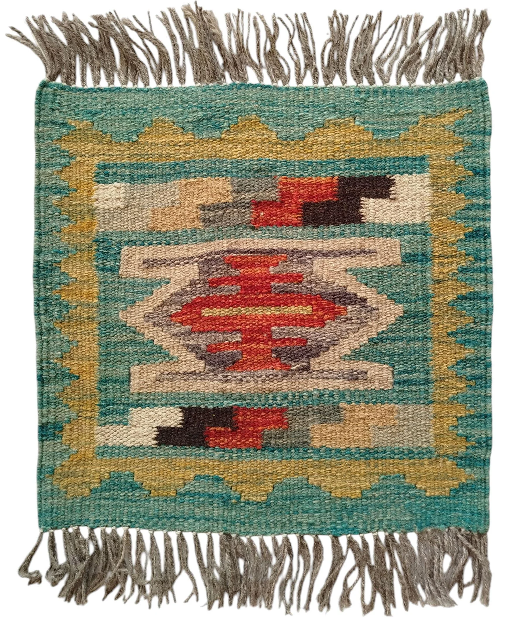 SR110 1x1Ft 18$ Teal & Gold Geometric Handwoven Afghan Wool Rug – 1×1 Ft - Image 1