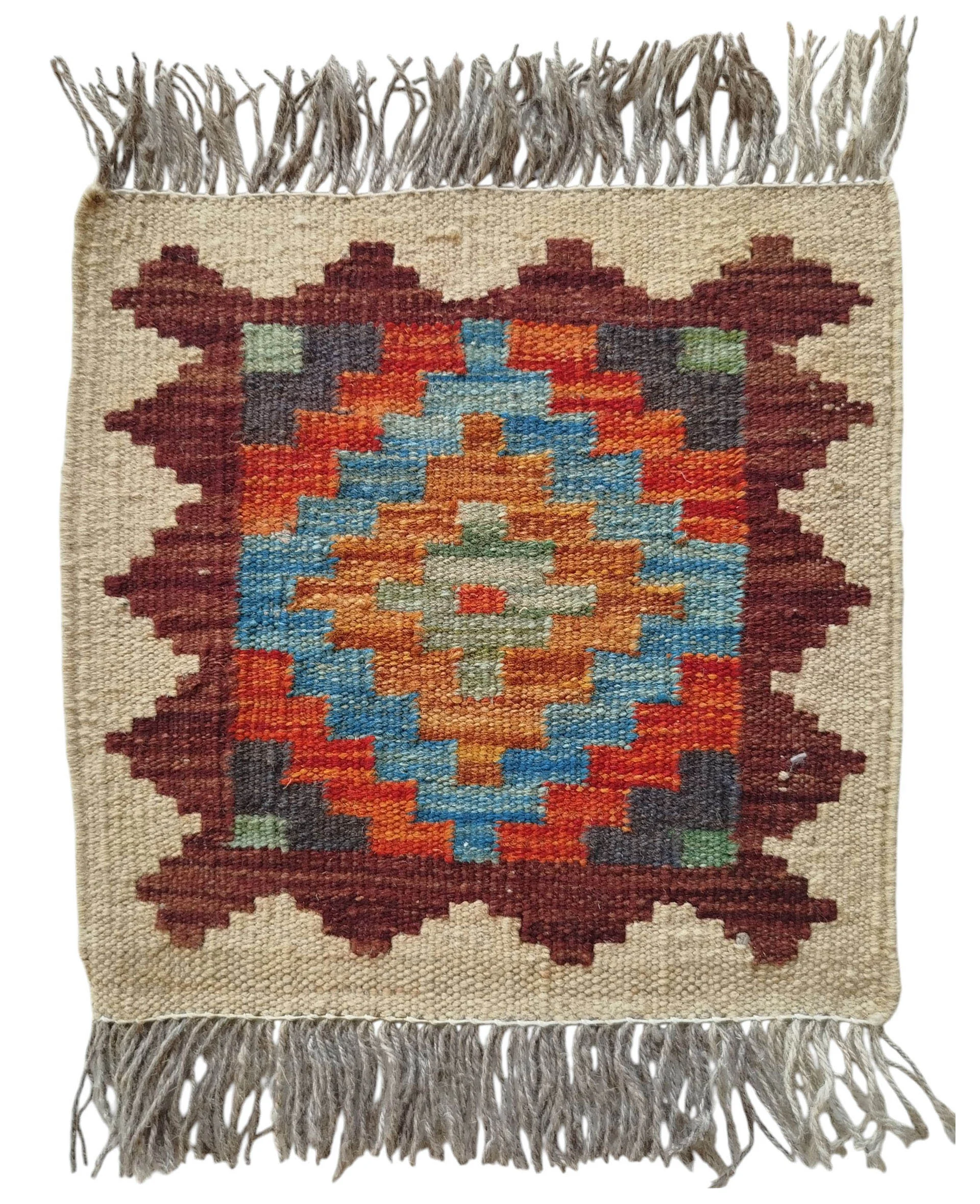SR111 1x1Ft 18$ Multicolor Geometric Handwoven Afghan Wool Rug – 1×1 Ft - Image 1