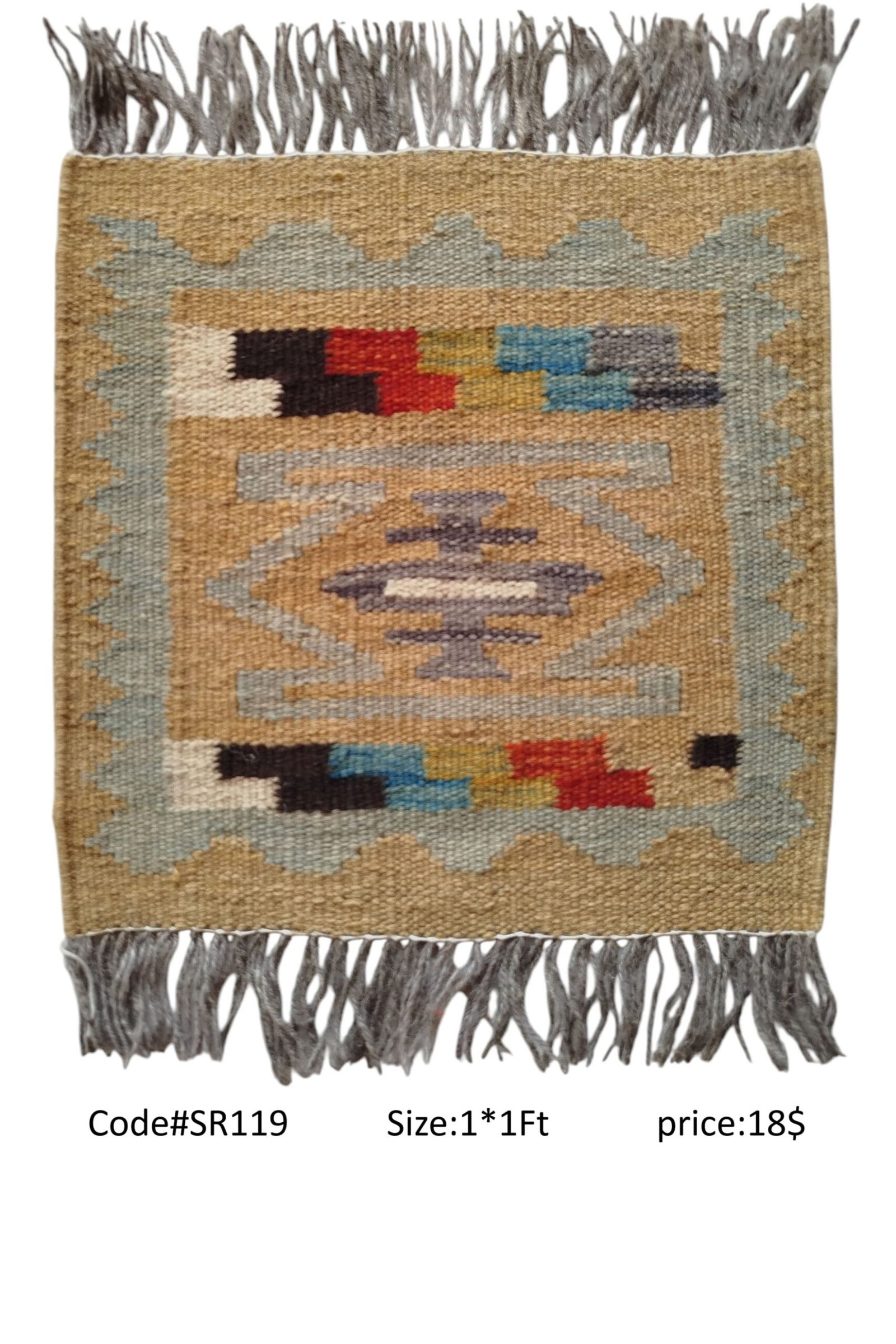 SR119 1.0 1.0 18$ Tan, Grey, Red, Blue & Black Geometric Handwoven Afghan Wool Rug – 1 × 1 Ft - Image 1