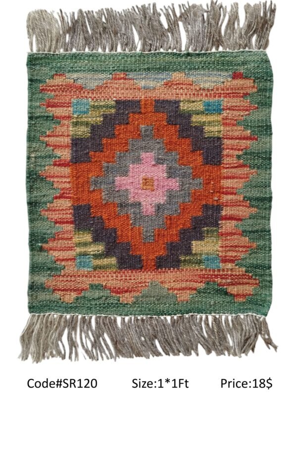Green, orange, pink, grey, and multi-color 1 × 1 ft handwoven Afghan wool rug with diamond medallion
