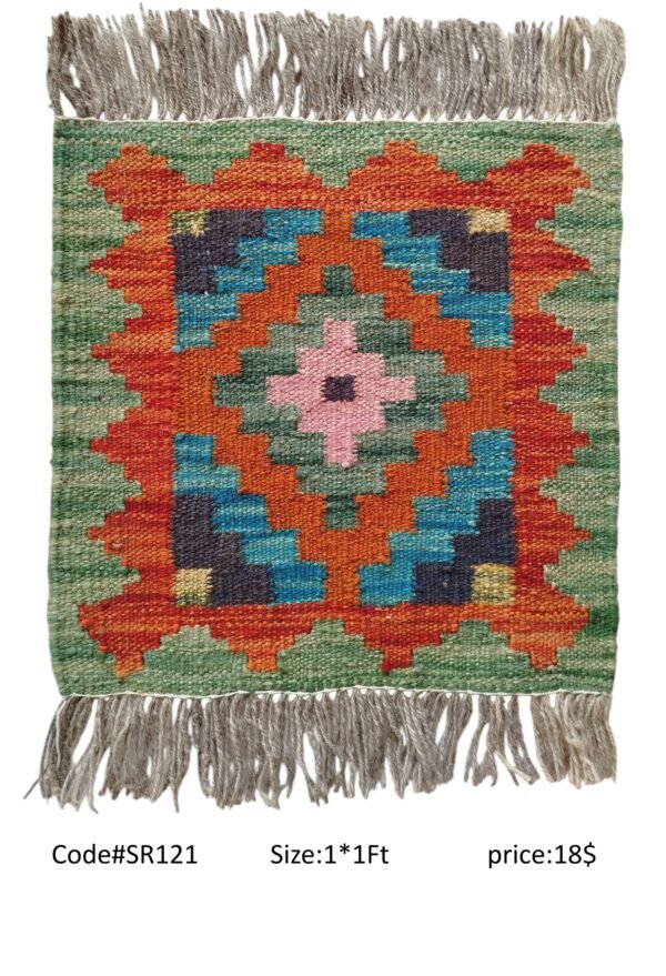 Green, orange, pink, blue, and multi-color 1 × 1 ft handwoven Afghan wool rug with diamond medallion