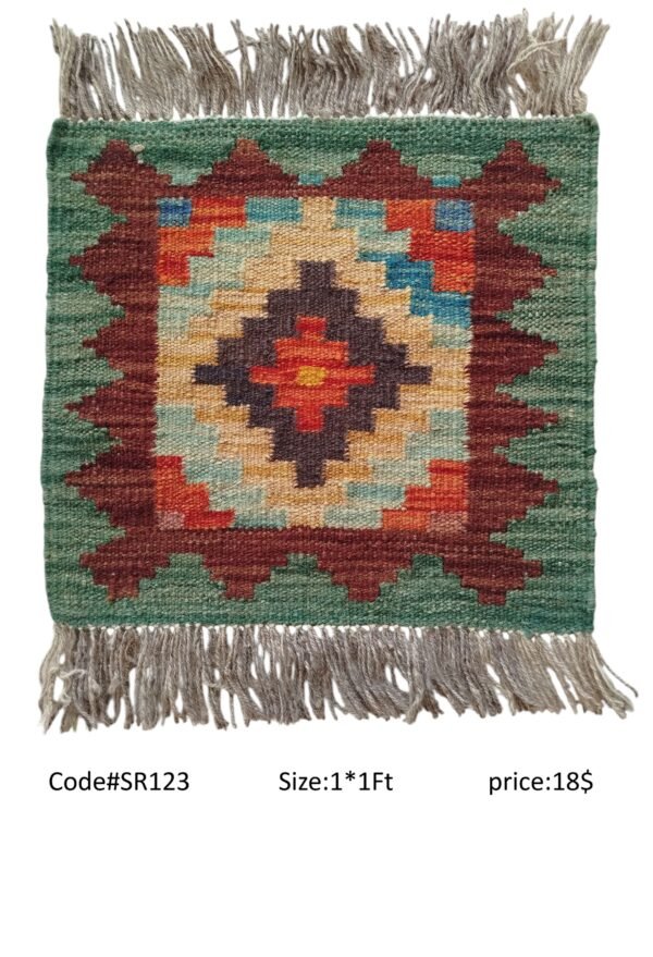 Green, maroon, orange, tan, and multi-color 1 × 1 ft handwoven Afghan wool rug with diamond medallion