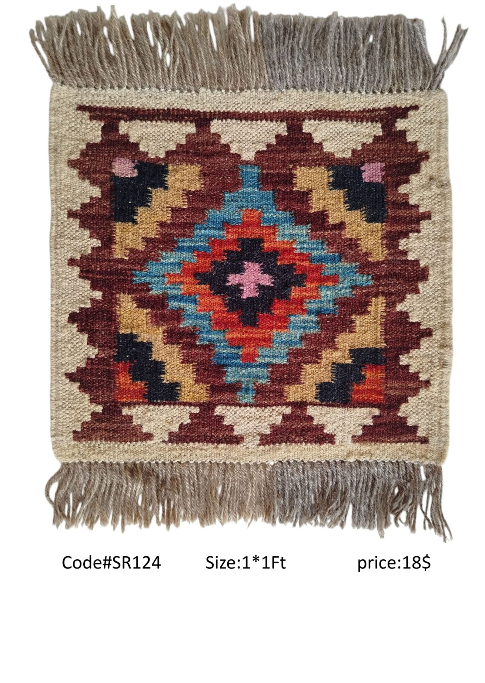 SR124 1.0 1.0 18$ Cream, maroon, orange, teal, and pink 1 × 1 ft handwoven Afghan wool rug with diamond medallion