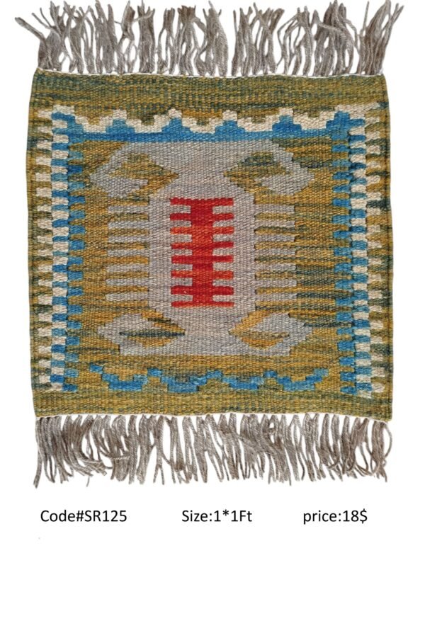 Olive, grey, blue, red, and cream 1 × 1 ft handwoven Afghan wool rug with central vertical motif