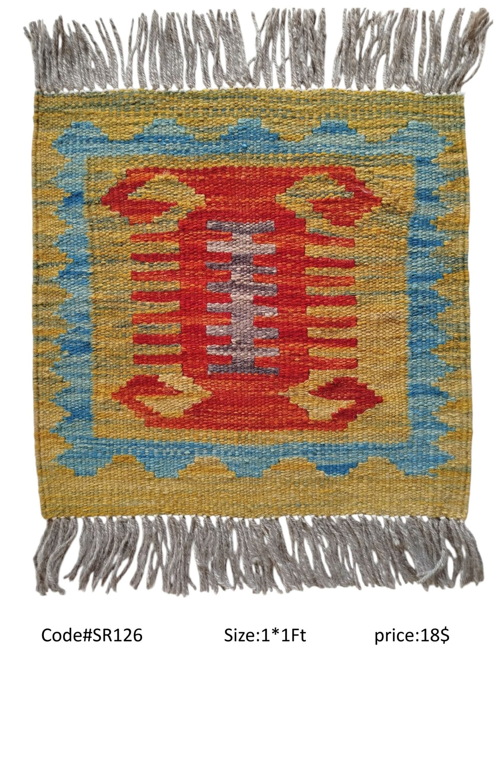 SR126 1.0 1.0 18$ Gold, red, blue, grey, and cream 1 × 1 ft handwoven Afghan wool rug with central vertical motif