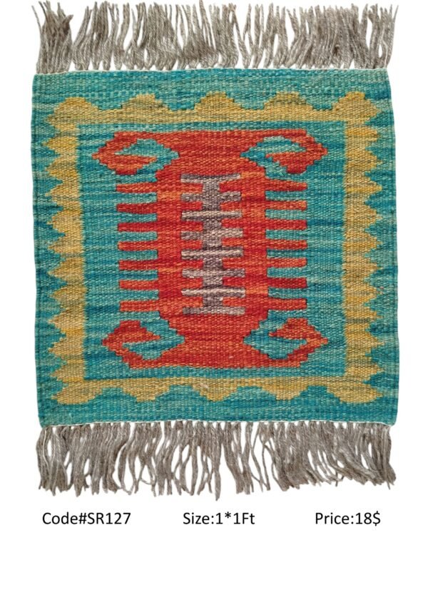 Teal, red, gold, grey, and cream 1 × 1 ft handwoven Afghan wool rug with central vertical motif