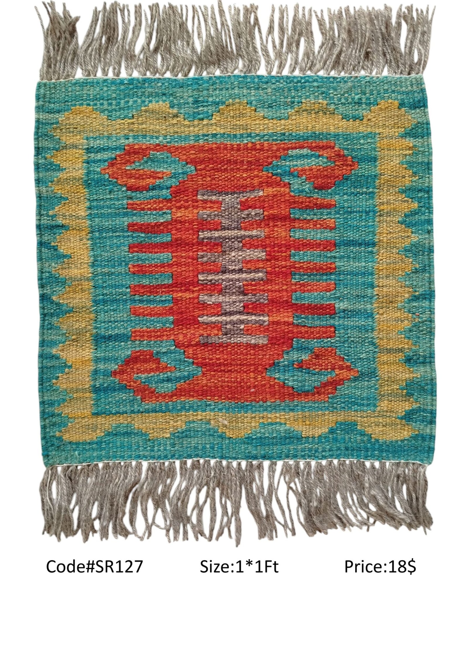 SR127 1.0 1.0 18$ Teal, red, gold, grey, and cream 1 × 1 ft handwoven Afghan wool rug with central vertical motif