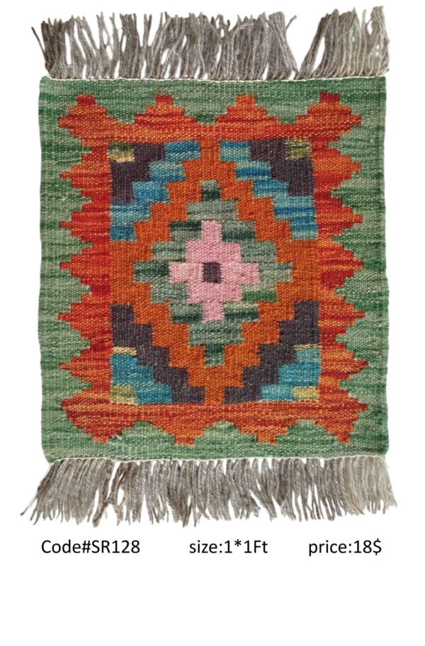 Green, orange, pink, blue, and multi-color 1 × 1 ft handwoven Afghan wool rug with diamond medallion