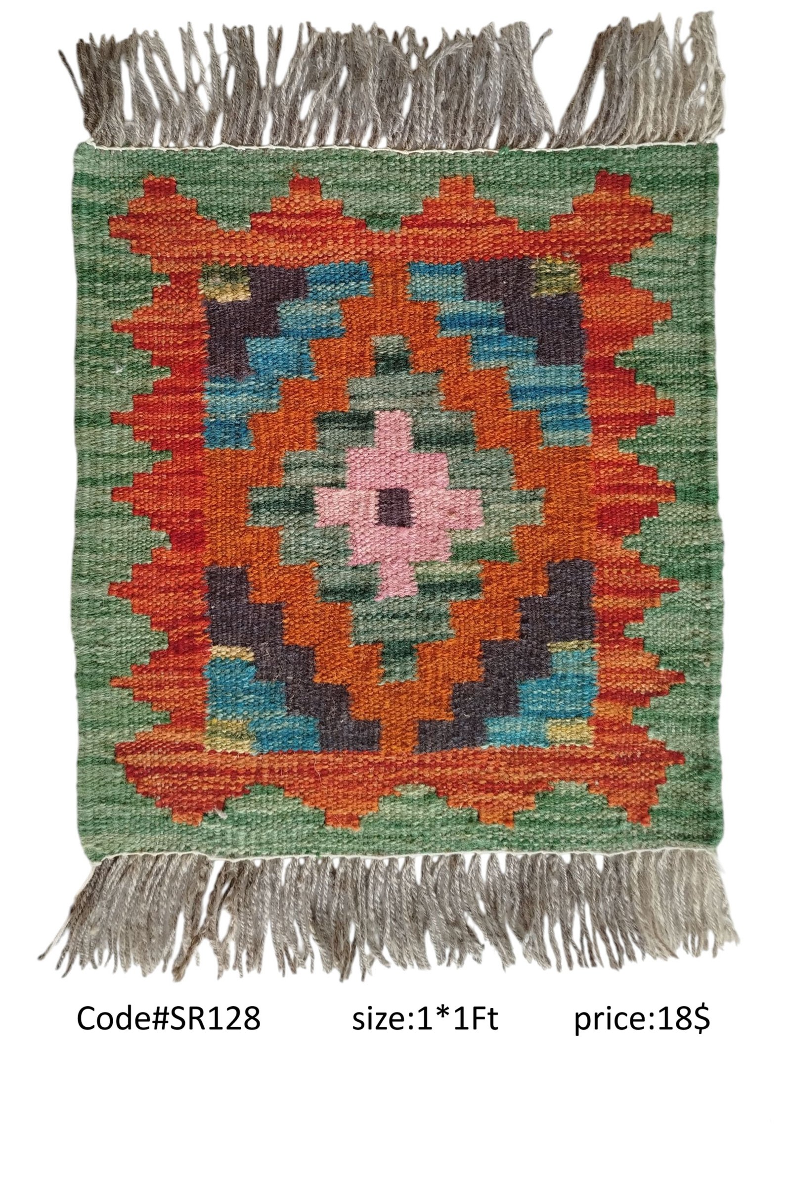 SR128 1.0 1.0 18$ Green, orange, pink, blue, and multi-color 1 × 1 ft handwoven Afghan wool rug with diamond medallion