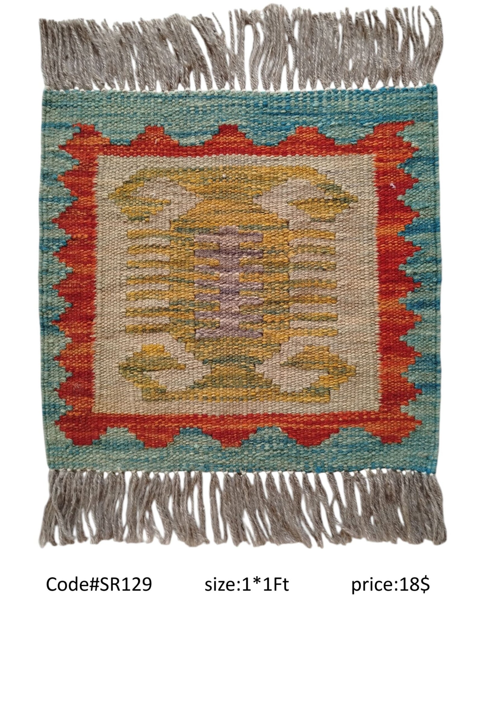 SR129 1.0 1.0 18$ Teal, red, gold, purple, and cream 1 × 1 ft handwoven Afghan wool rug with central striped panel