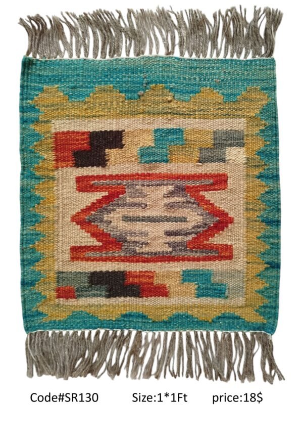 Teal, gold, cream, red, and grey 1 × 1 ft handwoven Afghan wool rug with diamond medallion