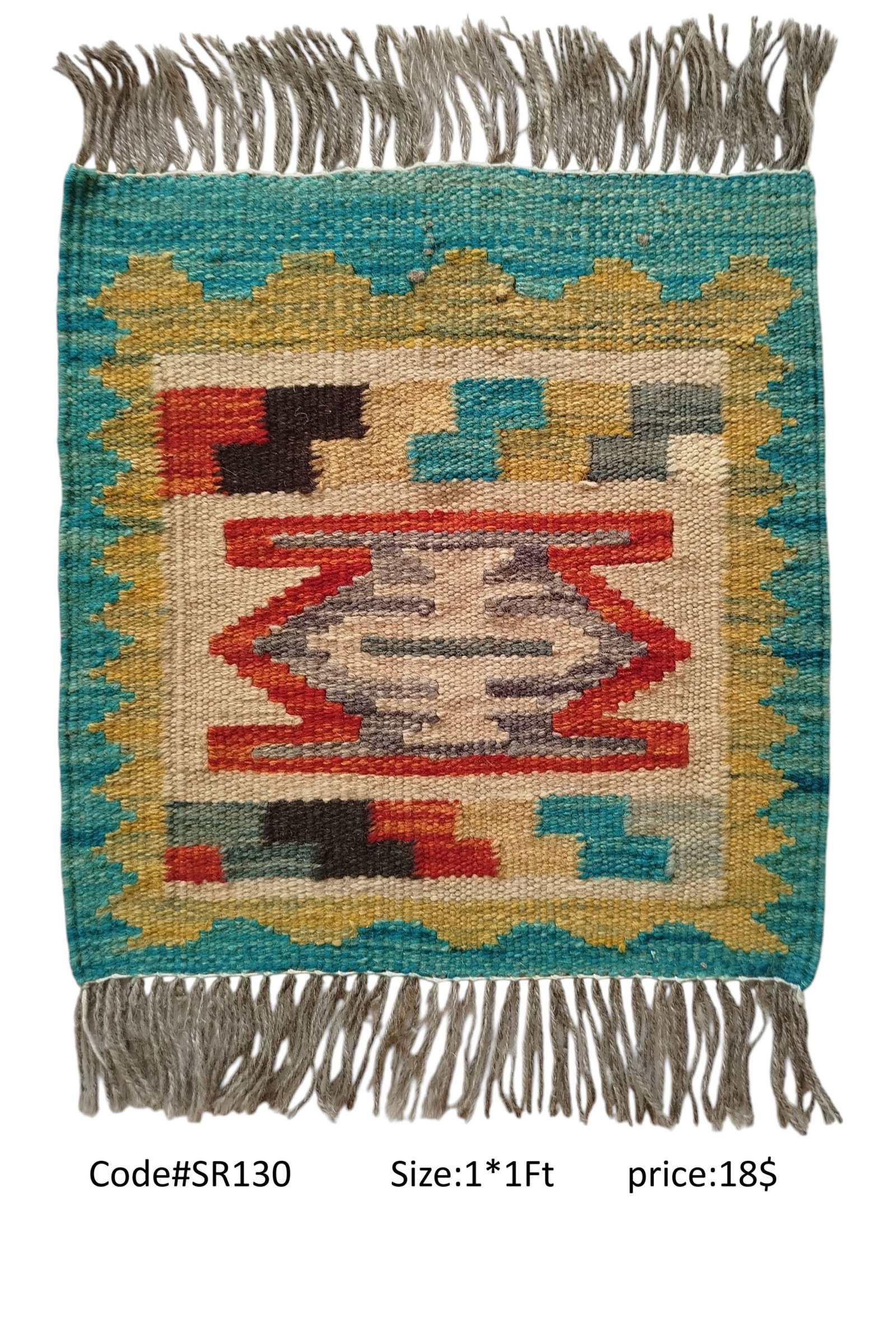 SR130 1.0 1.0 18$ Teal, gold, cream, red, and grey 1 × 1 ft handwoven Afghan wool rug with diamond medallion