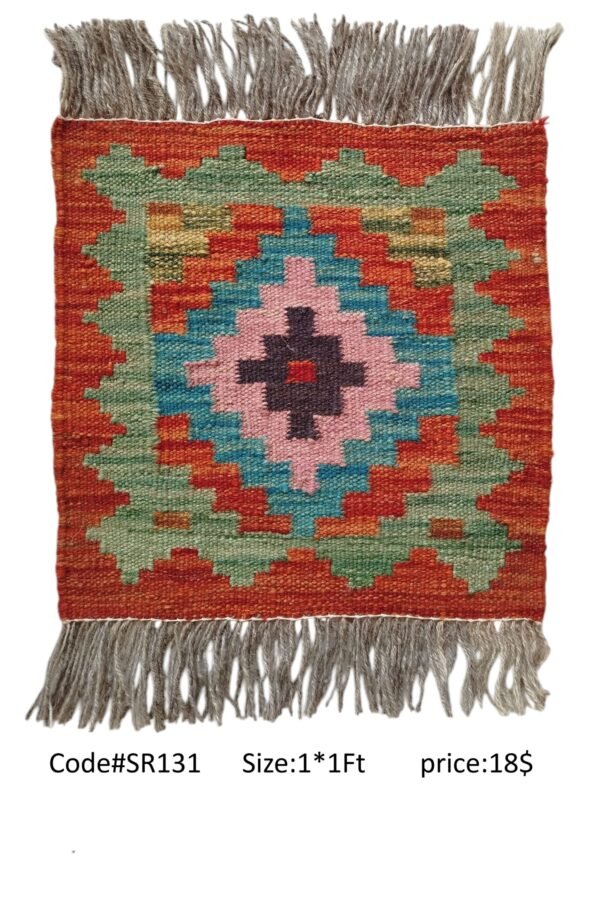Red, green, pink, teal, and multi-color 1 × 1 ft handwoven Afghan wool rug with diamond medallion
