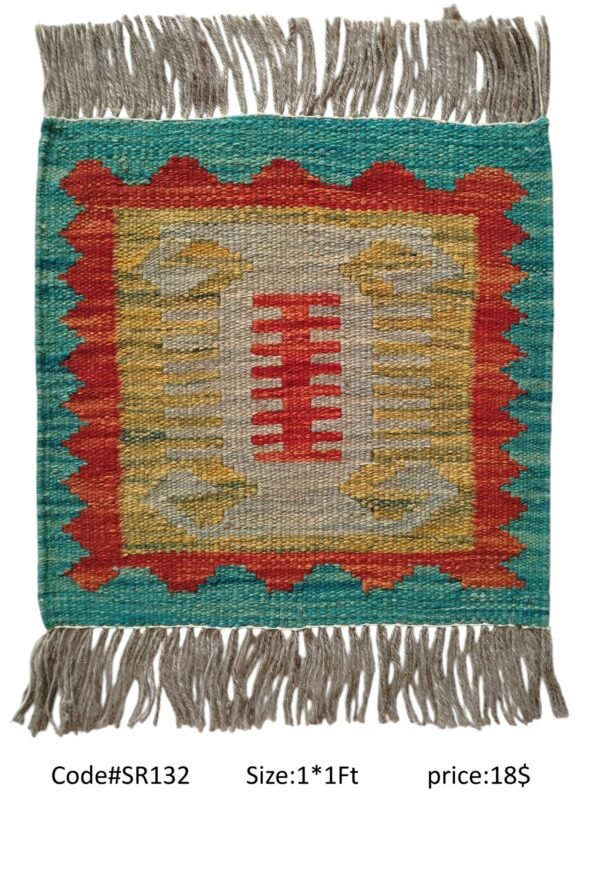 Teal, red, gold, grey, and cream 1 × 1 ft handwoven Afghan wool rug with central vertical motif
