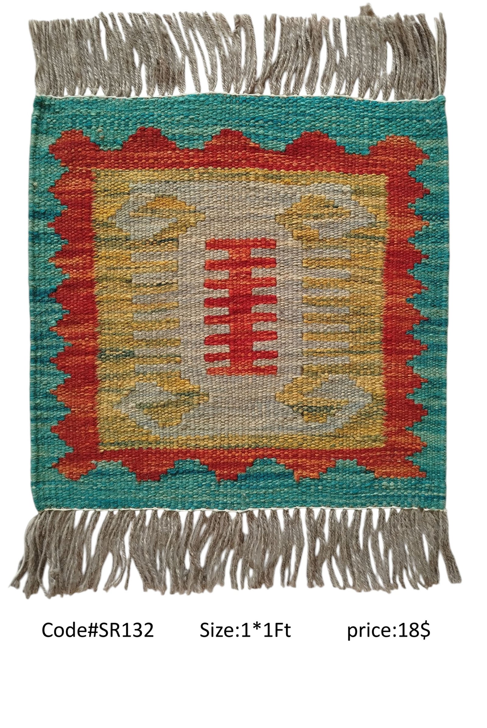SR132 1.0 1.0 18$ (1) Teal, red, gold, grey, and cream 1 × 1 ft handwoven Afghan wool rug with central vertical motif