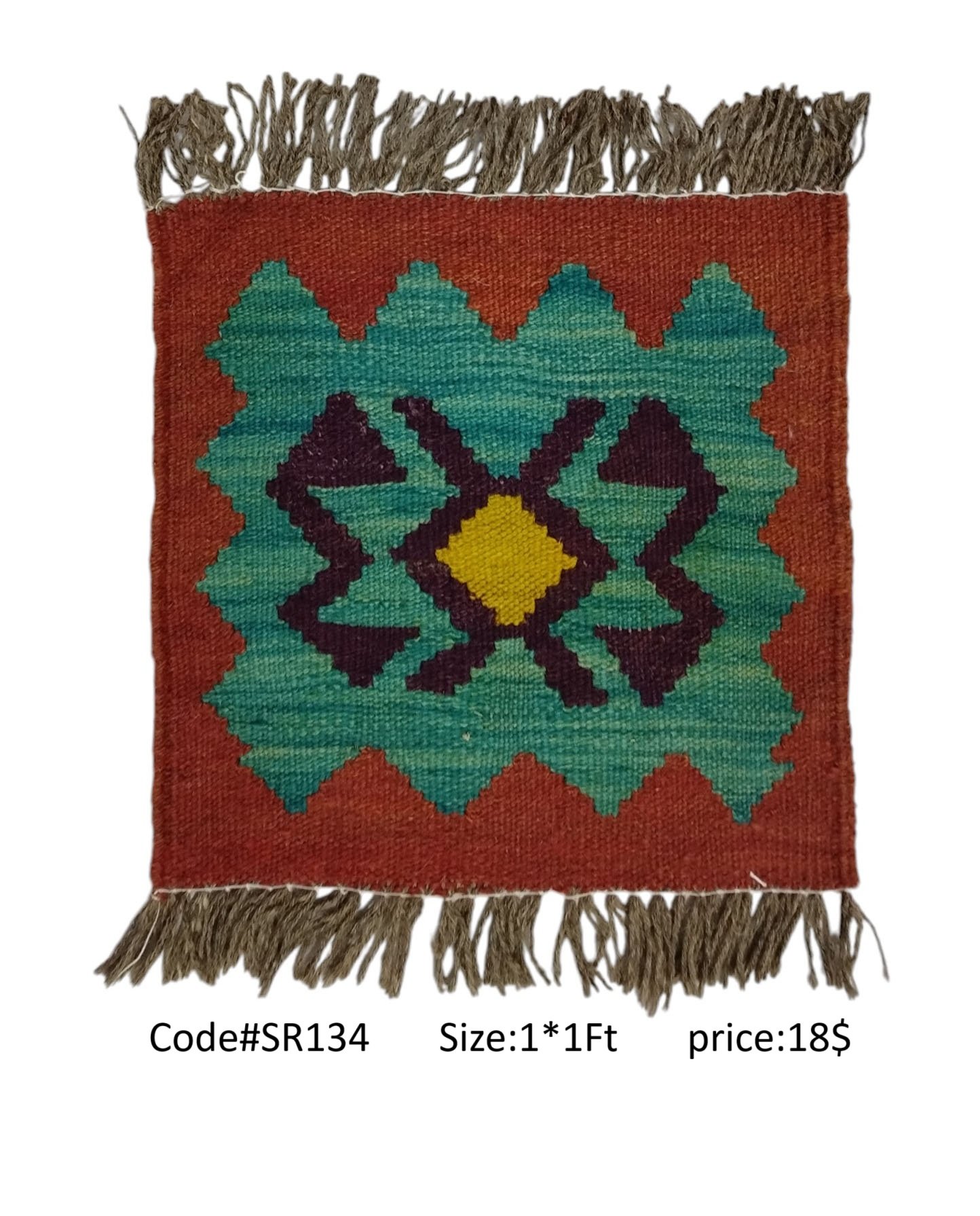 SR134 1.0 1.0 18$ Maroon, teal, gold, and purple 1 × 1 ft handwoven Afghan wool rug with diamond medallion