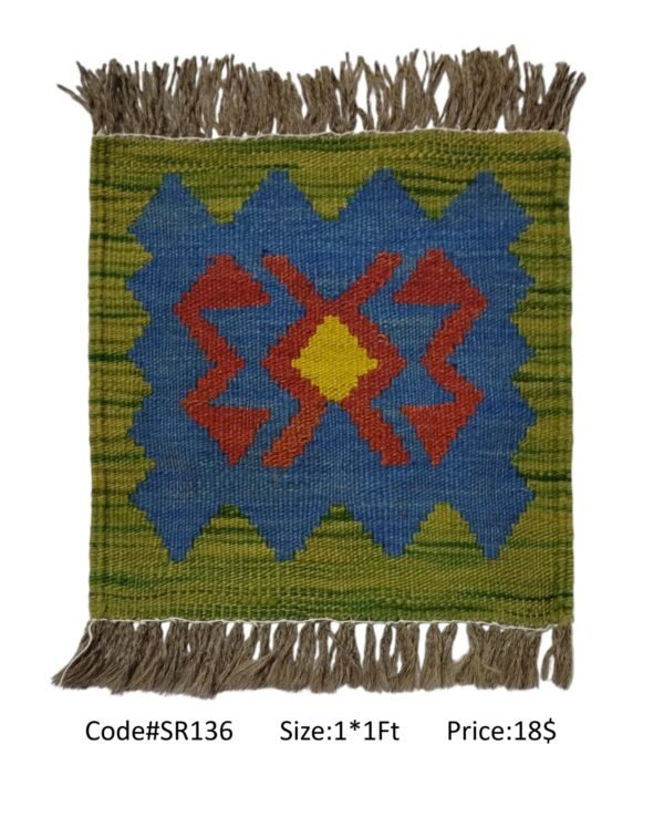 Olive, blue, red, and gold 1 × 1 ft handwoven Afghan wool rug with diamond medallion