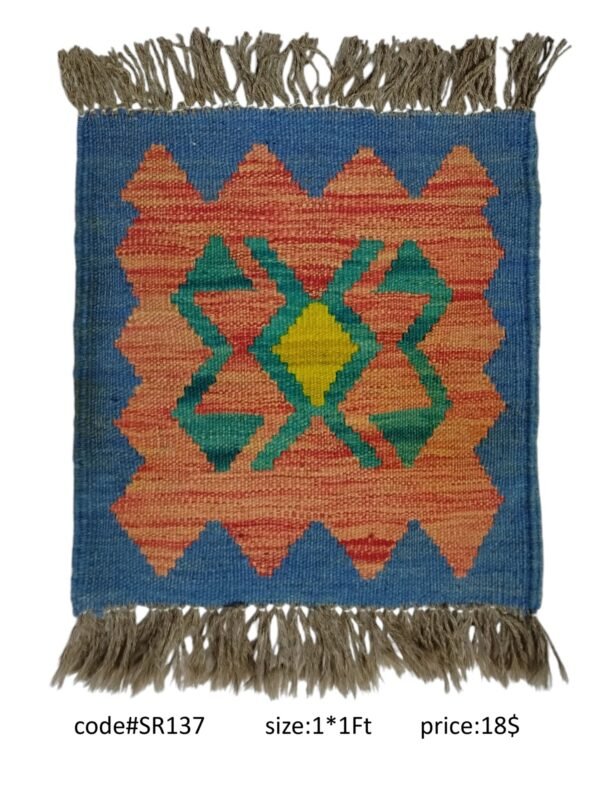 Blue, peach, green, and gold 1 × 1 ft handwoven Afghan wool rug with diamond medallion