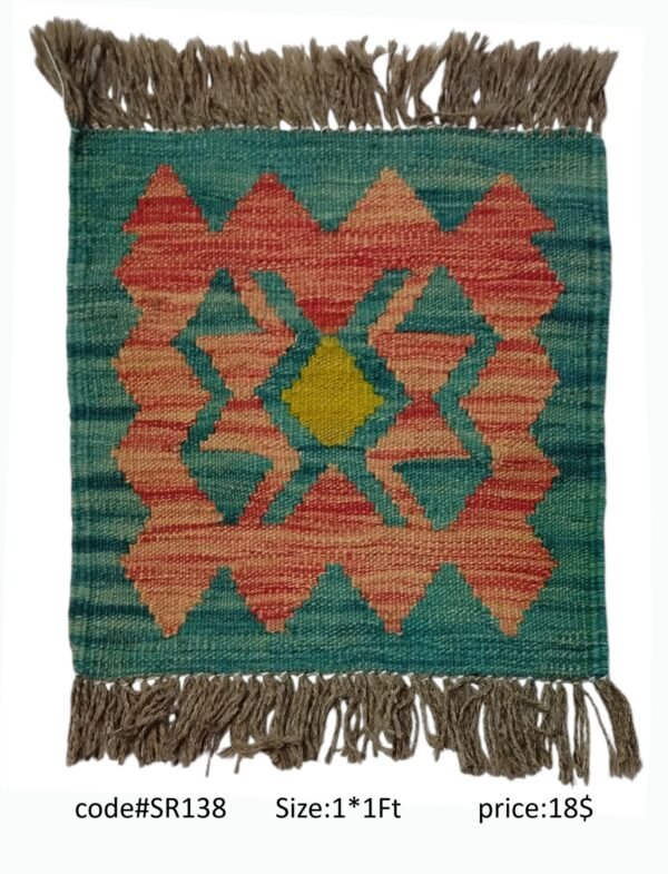 Teal, peach, red, and gold 1 × 1 ft handwoven Afghan wool rug with diamond medallion