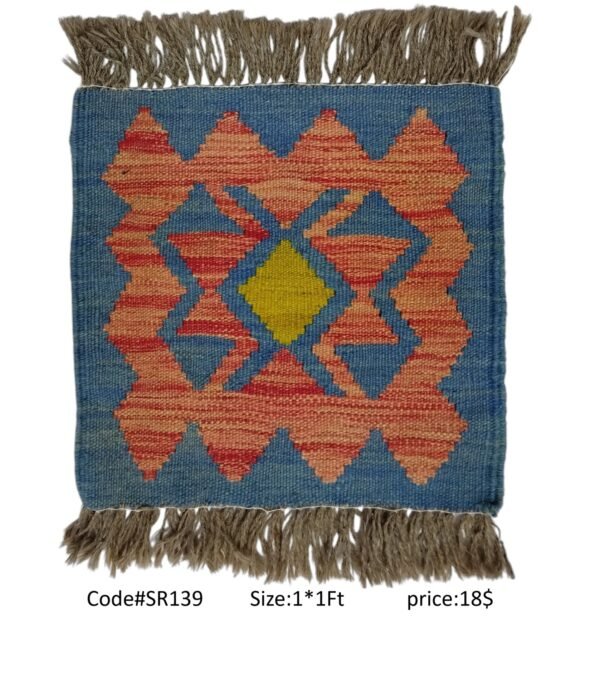 Blue, peach, red, and gold 1 × 1 ft handwoven Afghan wool rug with diamond medallion