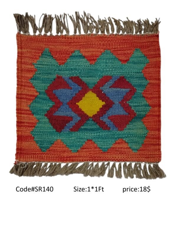 Orange, teal, blue, maroon, and gold 1 × 1 ft handwoven Afghan wool rug with diamond medallion