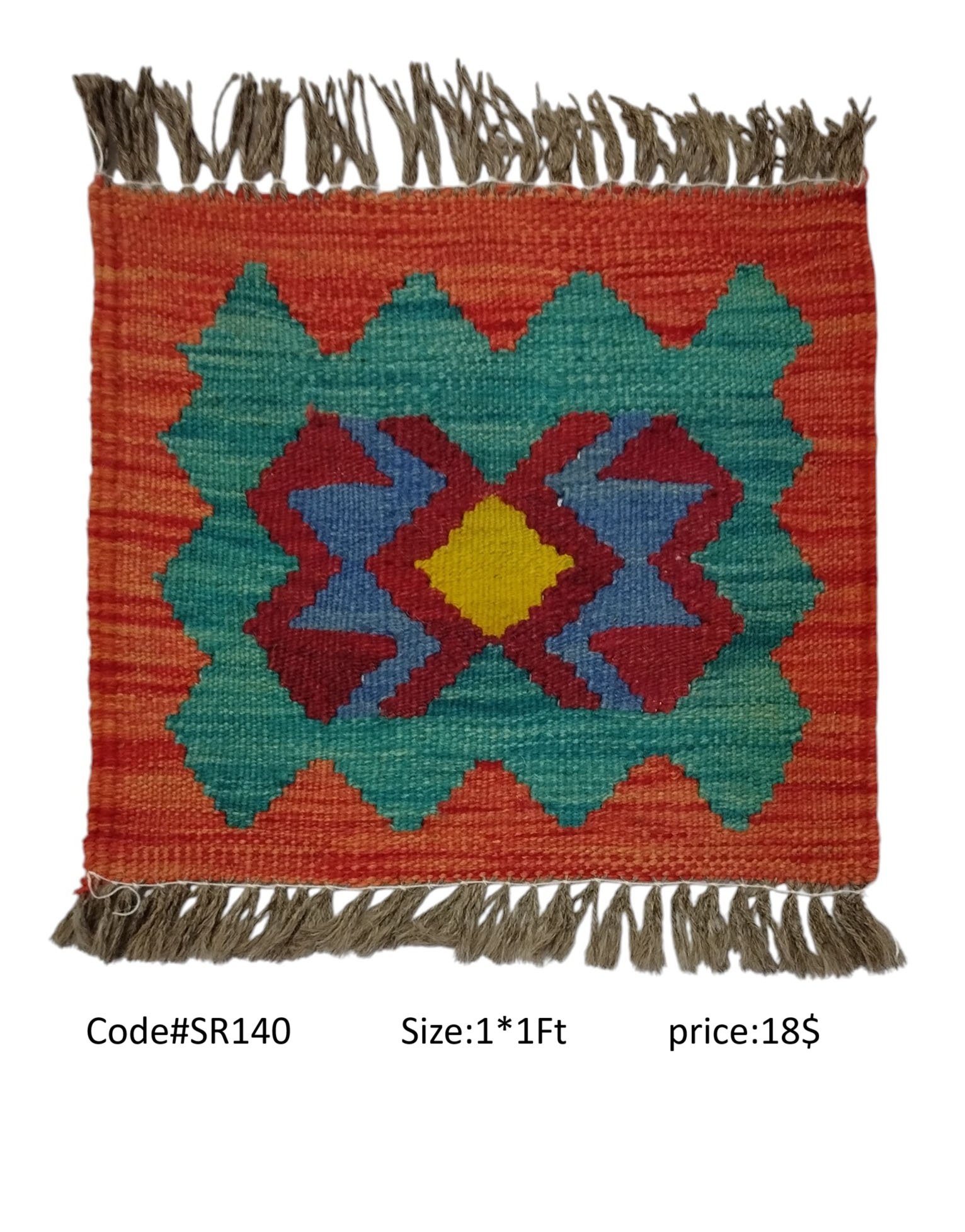 SR140 1.0 1.0 18$ Orange, teal, blue, maroon, and gold 1 × 1 ft handwoven Afghan wool rug with diamond medallion
