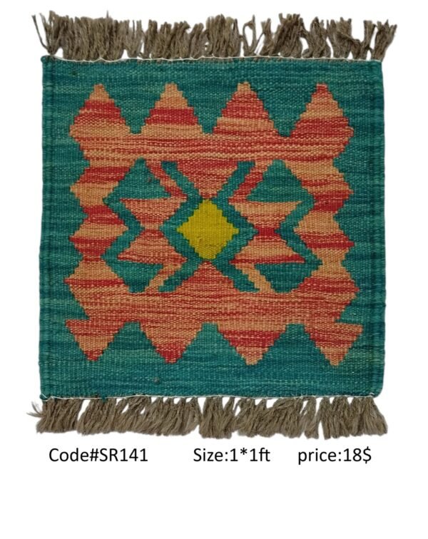 Teal, peach, red, and gold 1 × 1 ft handwoven Afghan wool rug with diamond medallion