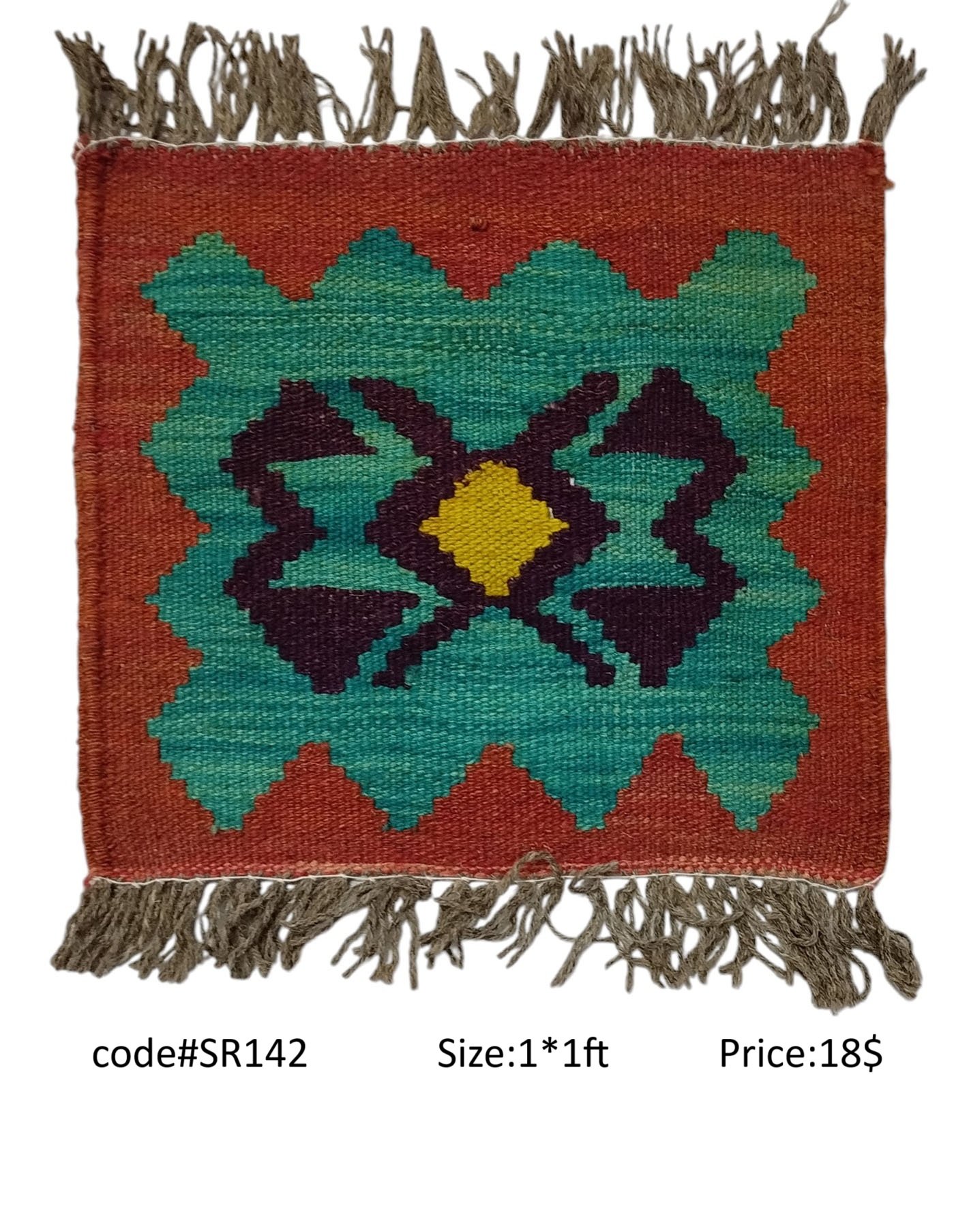 SR142 1.0 1.0 18$ Maroon, teal, gold, and purple 1 × 1 ft handwoven Afghan wool rug with diamond medallion