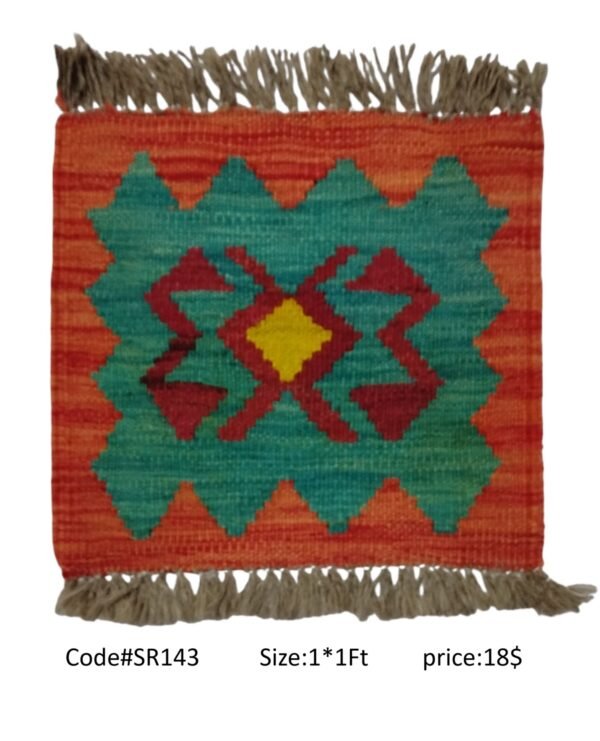 Orange, teal, maroon, and gold 1 × 1 ft handwoven Afghan wool rug with diamond medallion