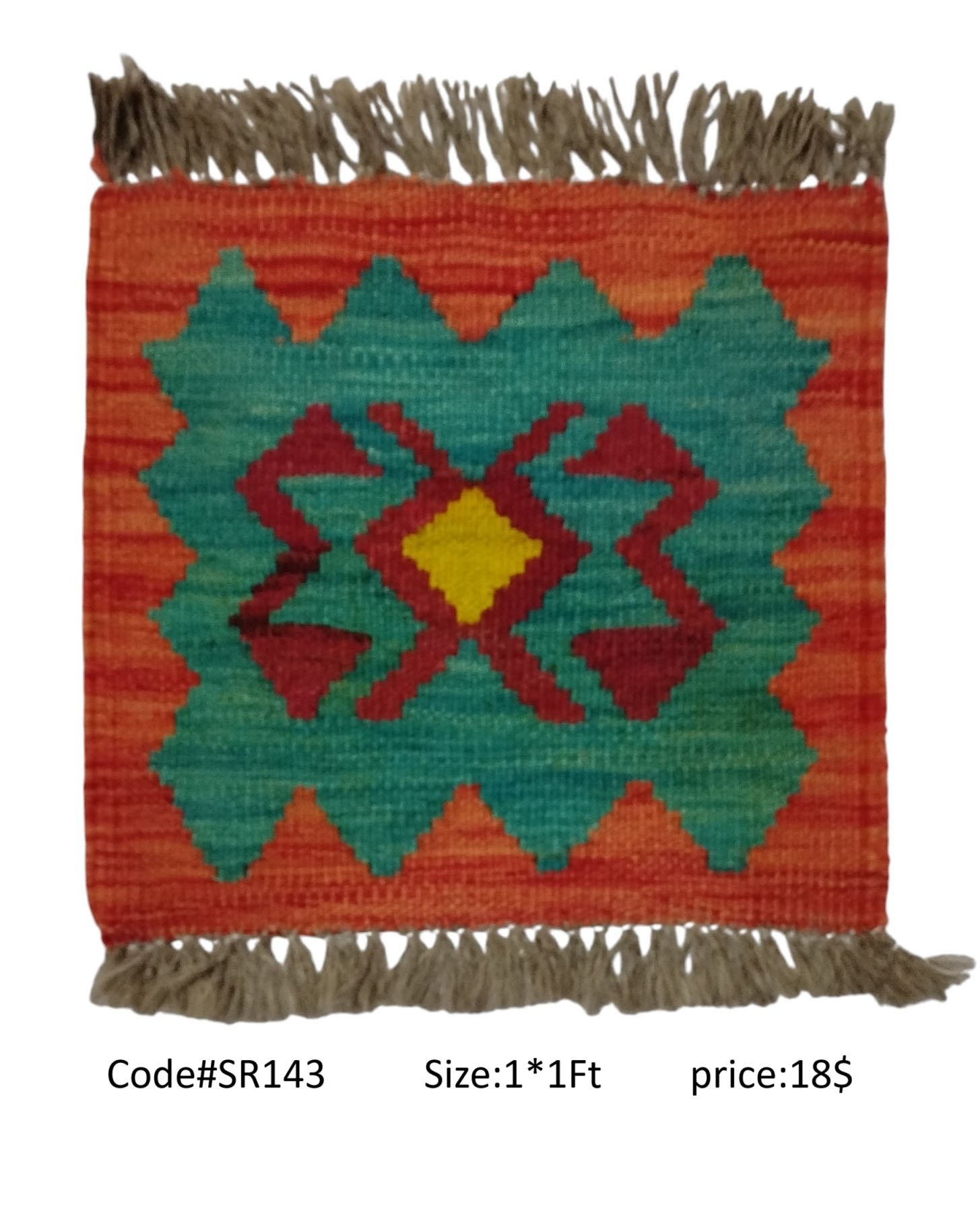 SR143 1.0 1.0 18$ Orange, teal, maroon, and gold 1 × 1 ft handwoven Afghan wool rug with diamond medallion