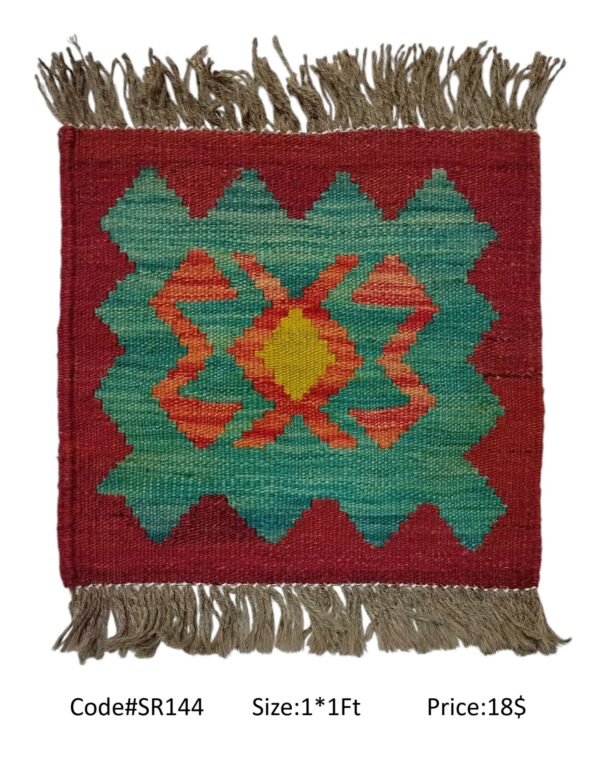 Maroon, teal, orange, and gold 1 × 1 ft handwoven Afghan wool rug with diamond medallion