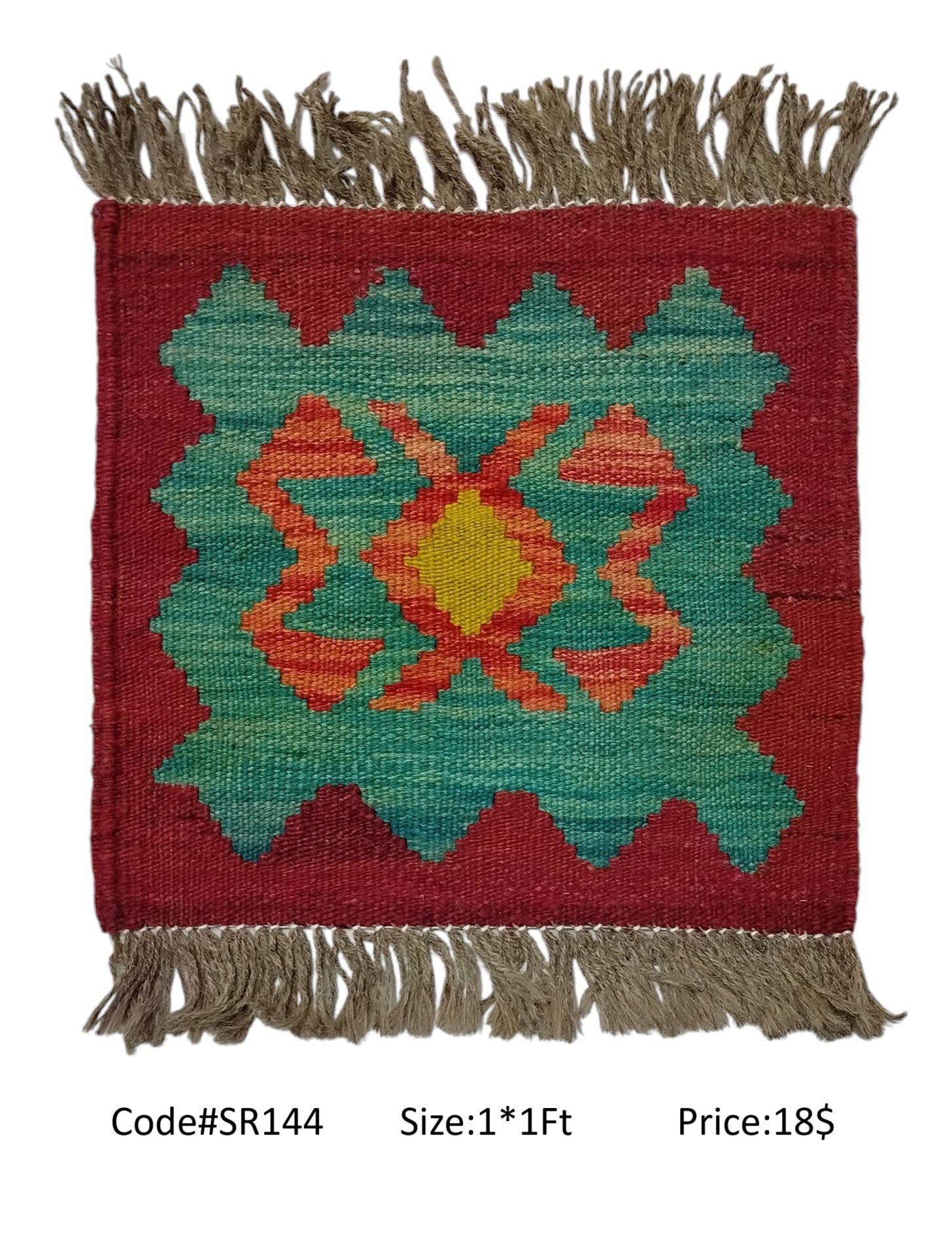 SR144 1.0 1.0 18$ Maroon, teal, orange, and gold 1 × 1 ft handwoven Afghan wool rug with diamond medallion