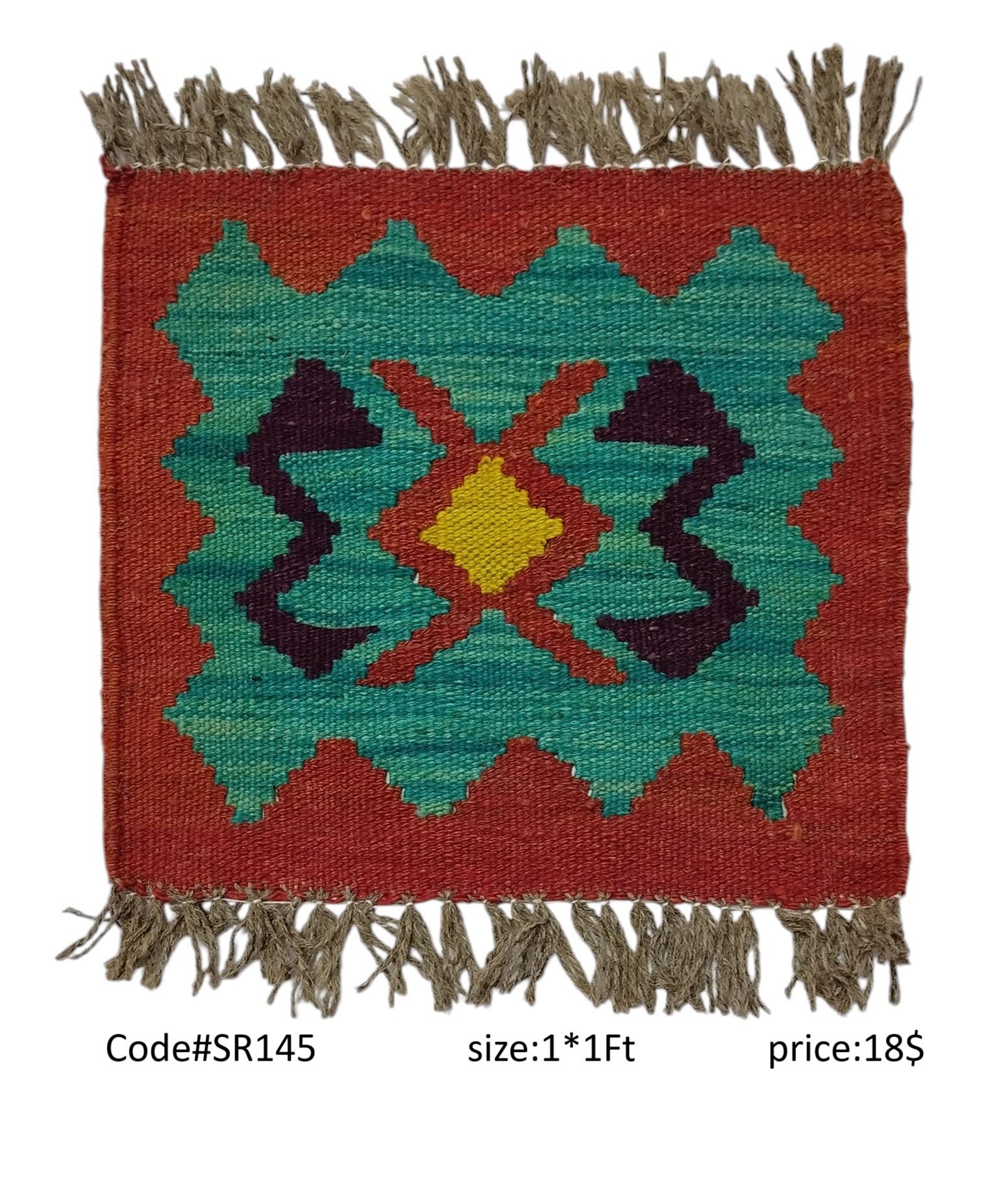SR145 1.0 1.0 18$ Maroon, teal, purple, and gold 1 × 1 ft handwoven Afghan wool rug with diamond medallion