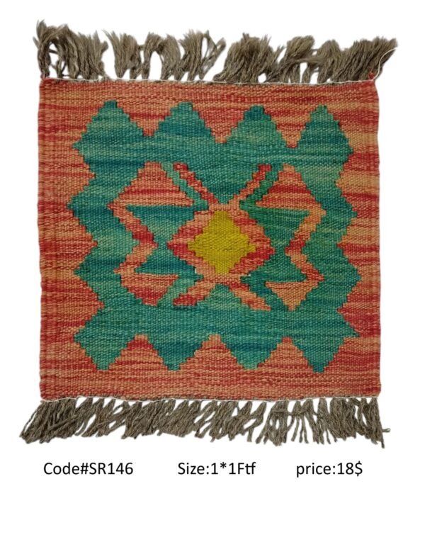 Peach, teal, orange, and gold 1 × 1 ft handwoven Afghan wool rug with diamond medallion