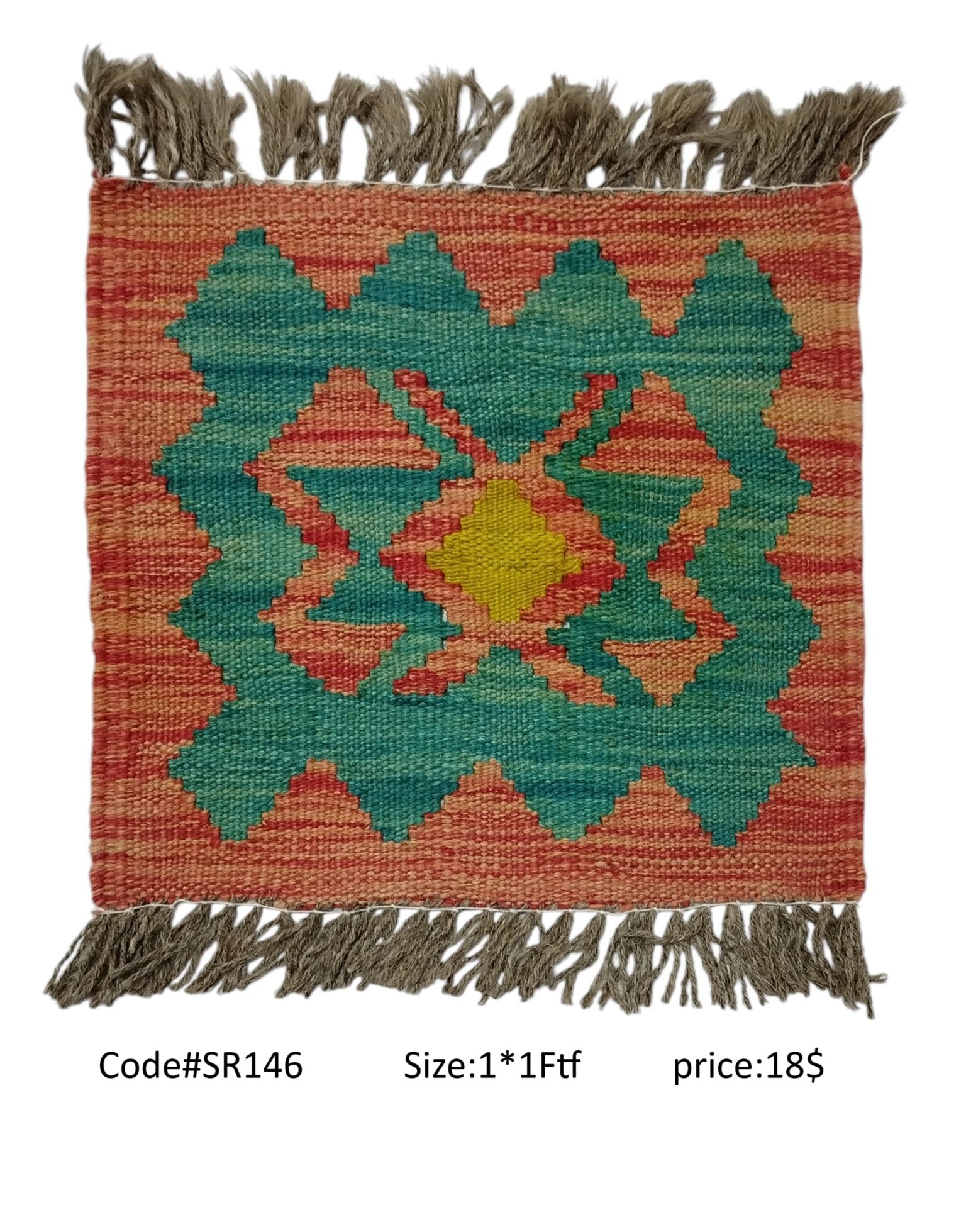 SR146 1.0 1.0 18$ Peach, teal, orange, and gold 1 × 1 ft handwoven Afghan wool rug with diamond medallion