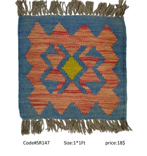 Blue, peach, red, and gold 1 × 1 ft handwoven Afghan wool rug with diamond medallion