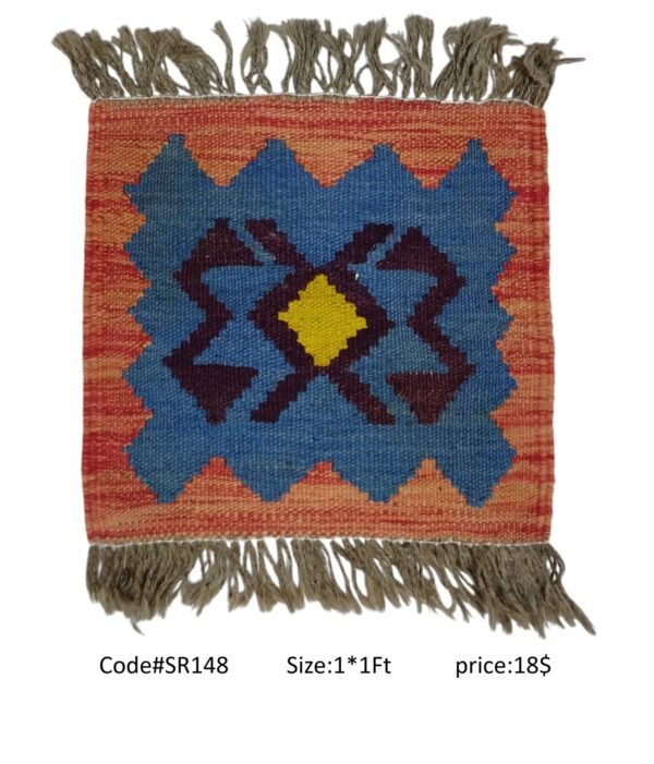 Orange, blue, purple, and gold 1 × 1 ft handwoven Afghan wool rug with diamond medallion