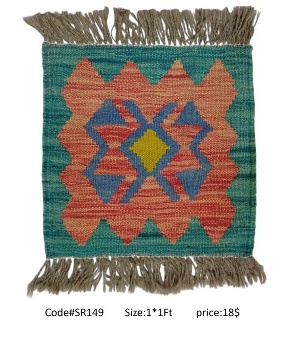 Teal, peach, blue, and gold 1 × 1 ft handwoven Afghan wool rug with diamond medallion