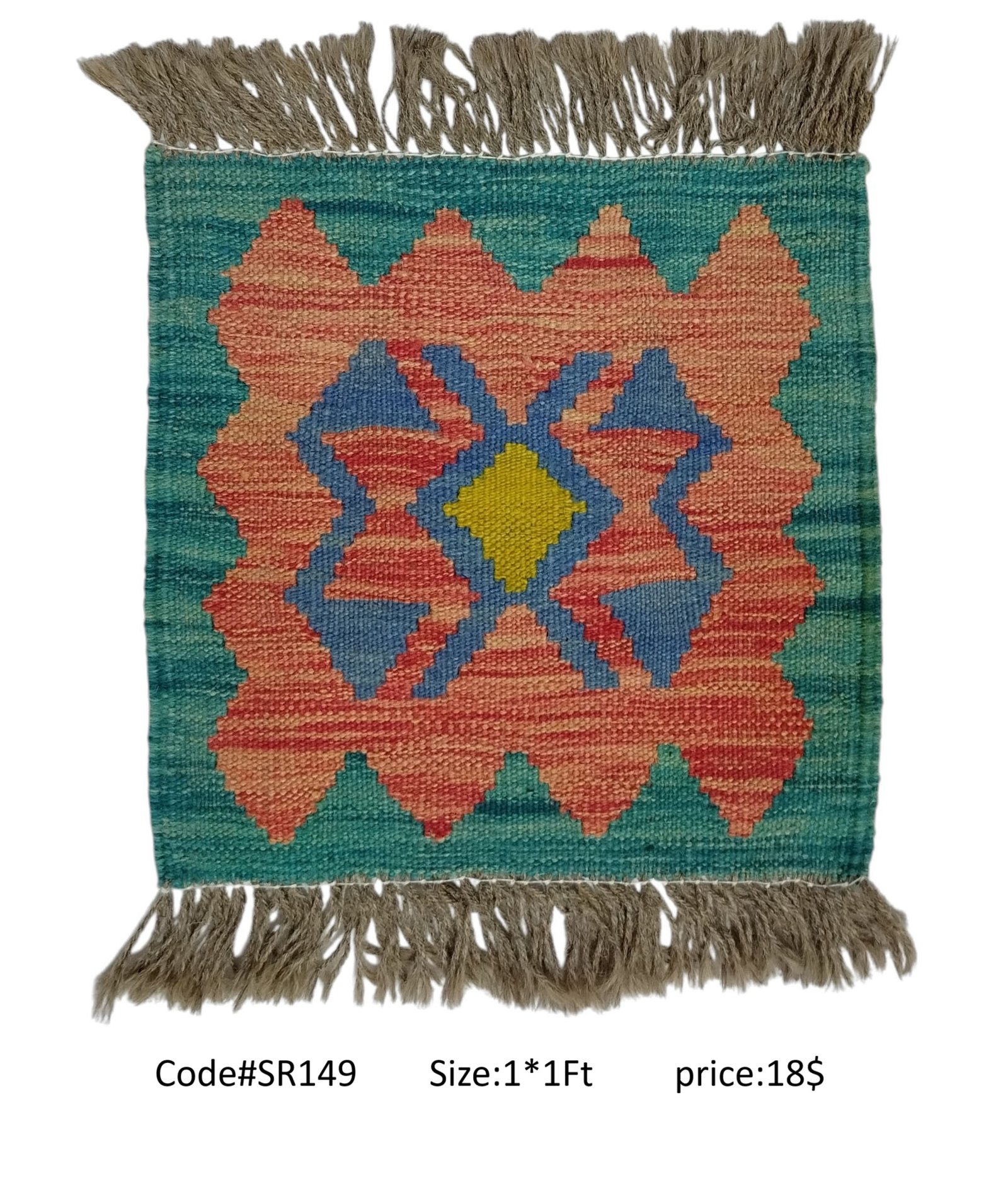 SR149 1.0 1.0 18$ Teal, peach, blue, and gold 1 × 1 ft handwoven Afghan wool rug with diamond medallion