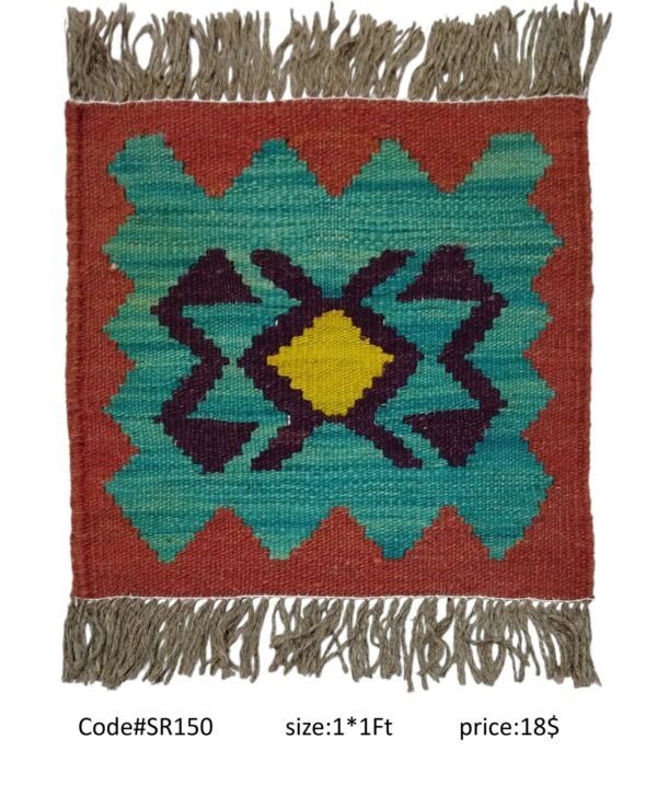 Maroon, teal, purple, and gold 1 × 1 ft handwoven Afghan wool rug with diamond medallion