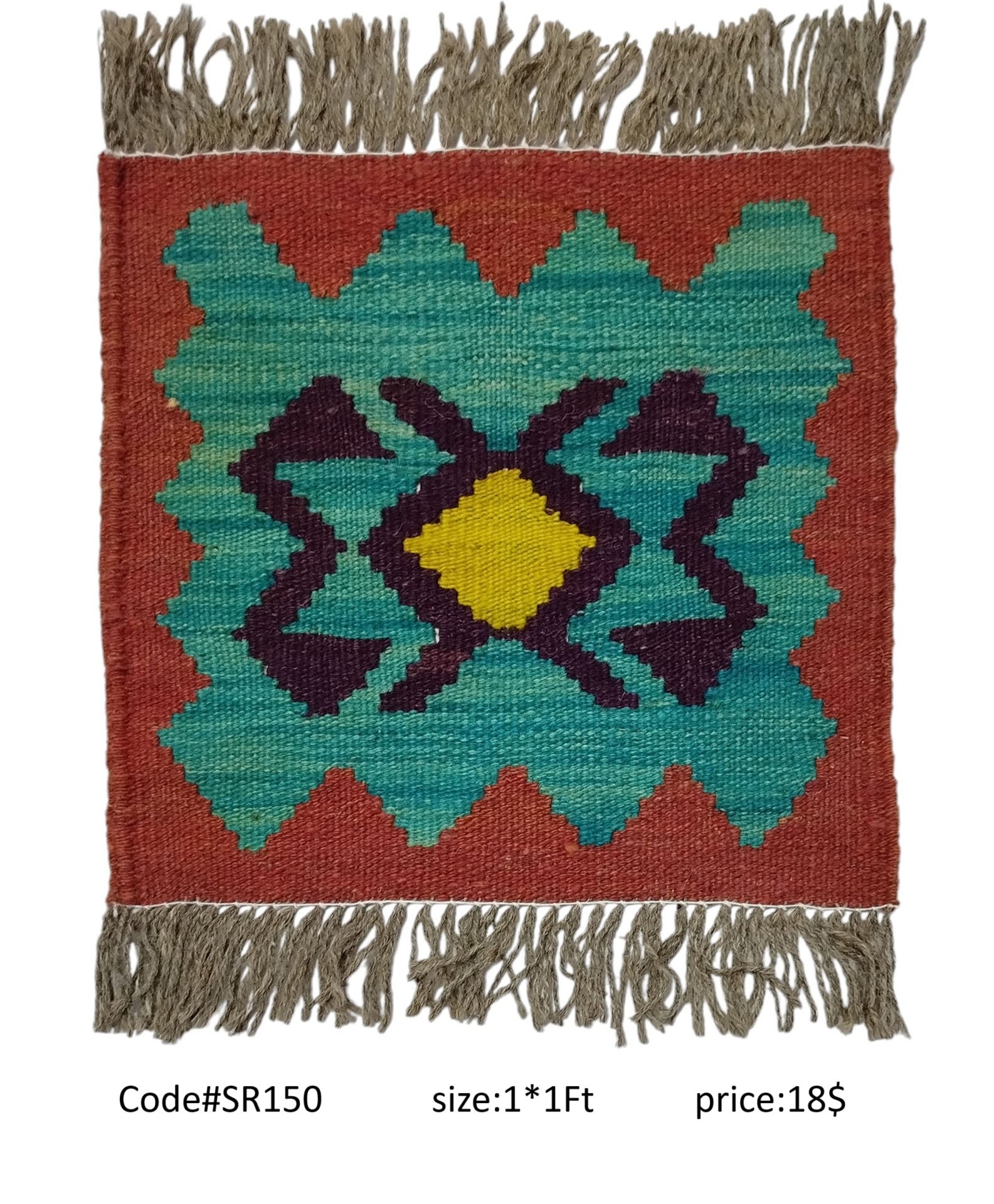 SR150 1.0 1.0 18$ Maroon, teal, purple, and gold 1 × 1 ft handwoven Afghan wool rug with diamond medallion