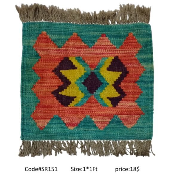 Teal, orange, yellow, and black 1 × 1 ft handwoven Afghan wool rug with diamond medallion