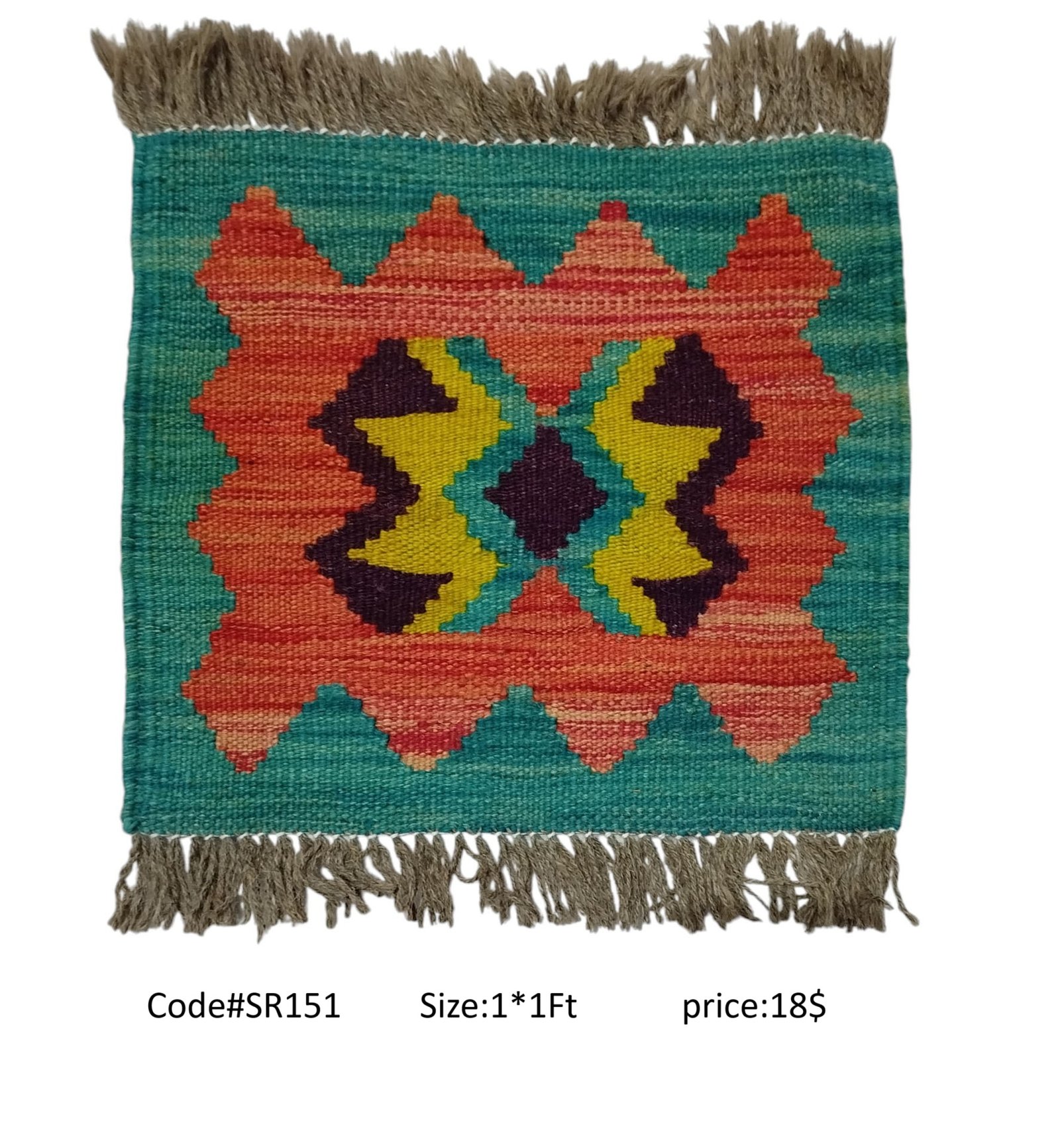 SR151 1.0 1.0 18$ Teal, orange, yellow, and black 1 × 1 ft handwoven Afghan wool rug with diamond medallion