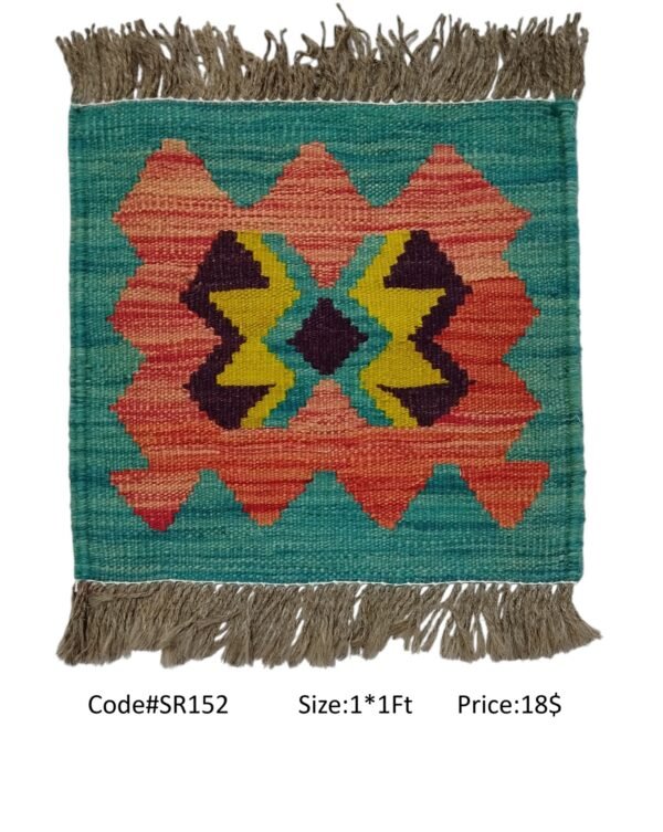 Teal, peach, yellow, and black 1 × 1 ft handwoven Afghan wool rug with diamond medallion