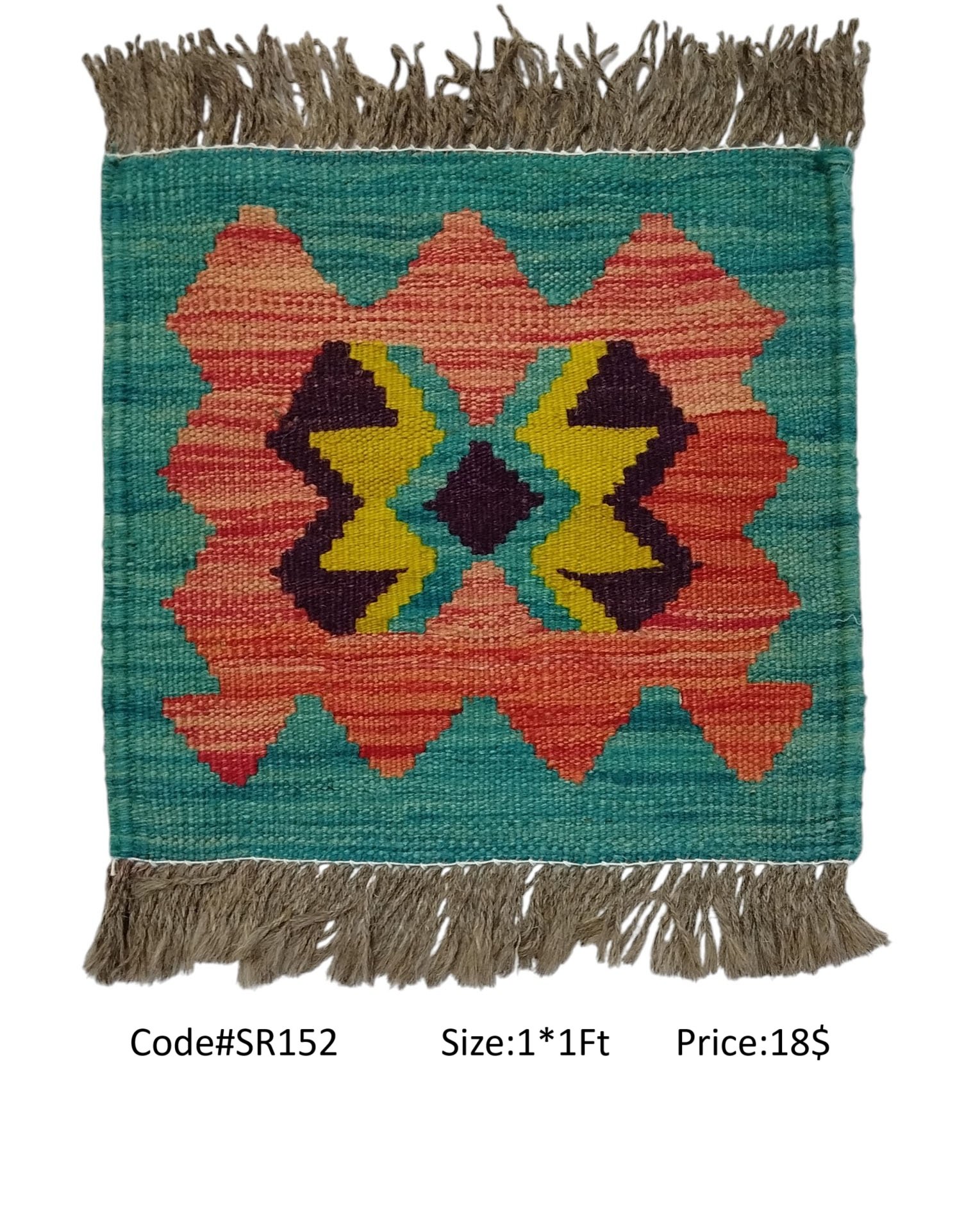 SR152 1.0 1.0 18$ Teal, peach, yellow, and black 1 × 1 ft handwoven Afghan wool rug with diamond medallion